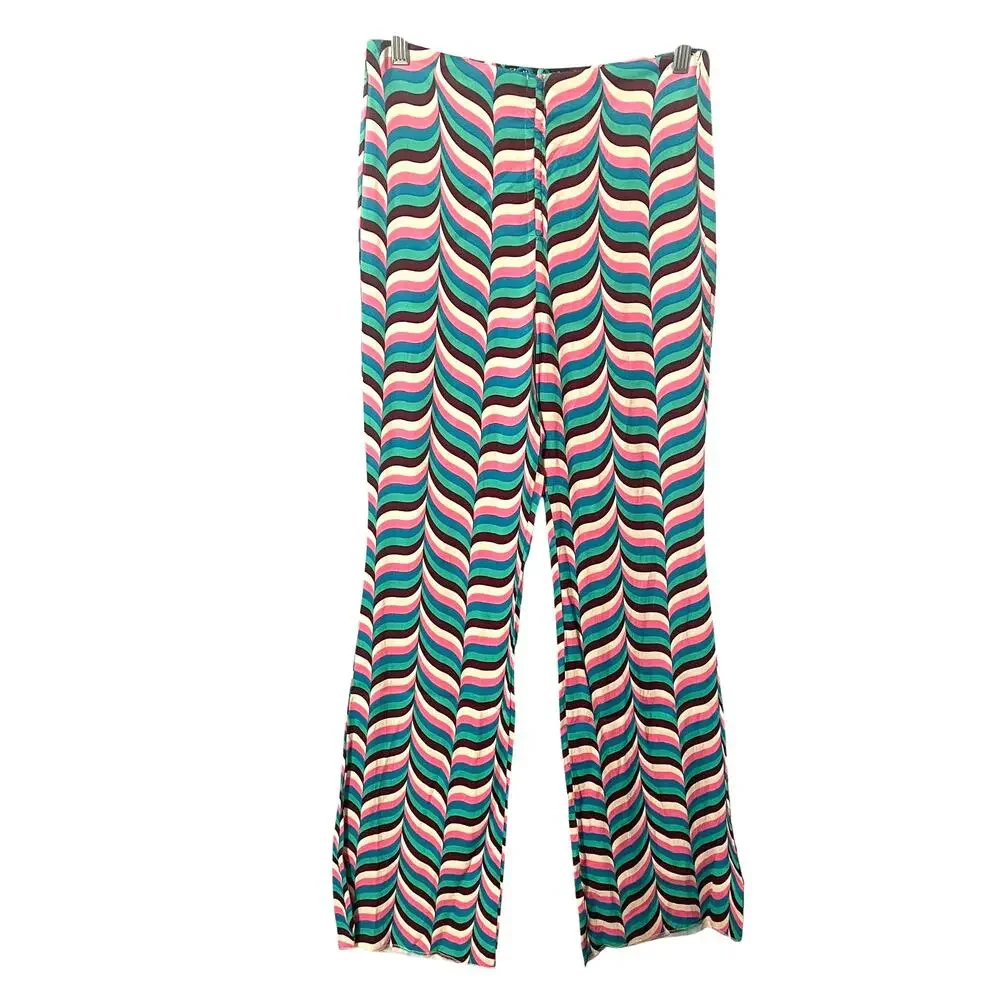 Zara Wide Leg Pants Size Medium Pink Teal Zig Zag Stripe 70s Festival High Rise